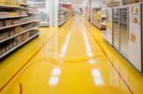 A retail store with a yellow epoxy designed floor