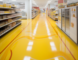 A retail store with a yellow epoxy designed floor