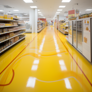 A retail store with a yellow epoxy designed floor