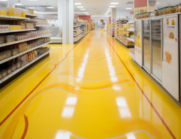 A retail store with a yellow epoxy designed floor