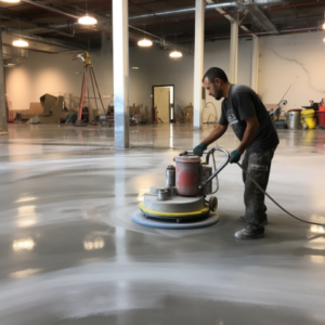 A concrete floor polishing in process