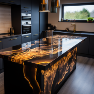 A kitchen counter top with epoxy design