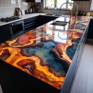 A kitchen counter top with epoxy design