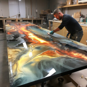 A countertop with epoxy design in progress