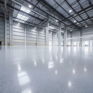 A warehouse with flakes floor