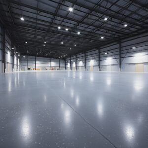 A warehouse with grey flakes floor