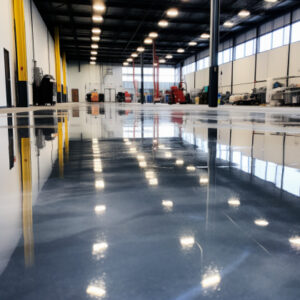 A warehouse with a plain epoxy floor