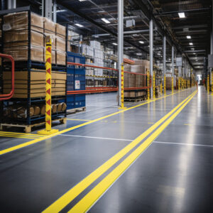 A factory with polished floor and safety line marking