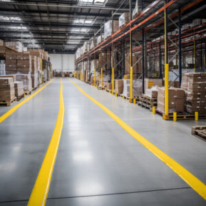 A warehouse with polished floor and safety line marking