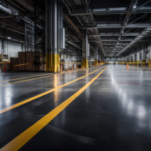 A warehouse with polished floor and safety line marking