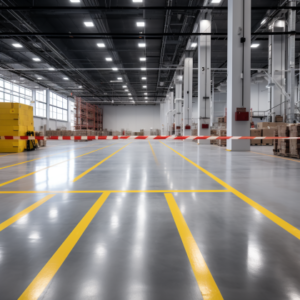 A warehouse with polished floor and safety line marking